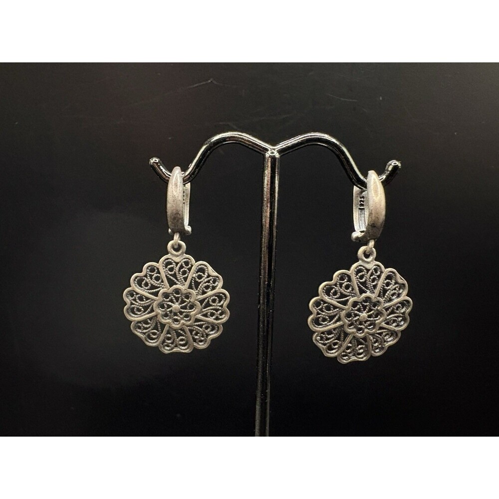Vintage 925 Sterling Silver Filigree Dangle .75” Earrings Floral Round Disc 3.9g